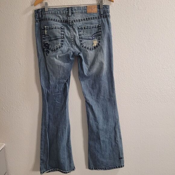 Vintage Y2K American Eagle Jeans Women's 8 Embroidered Wide Flare Leg Distressed - Picture 2 of 15
